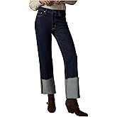 YEXPINE Women's Wide Leg Cuffed Jeans High Waisted Straight Leg Stretchy Boyfriend Denim Pants