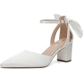 RIBONGZ Wedding Bridal Shoes for Women Chunky Block Heel Pumps Closed Pointed Toe Heels with Elegant Bow Knot Comfort Evening Party Prom Office Shoes