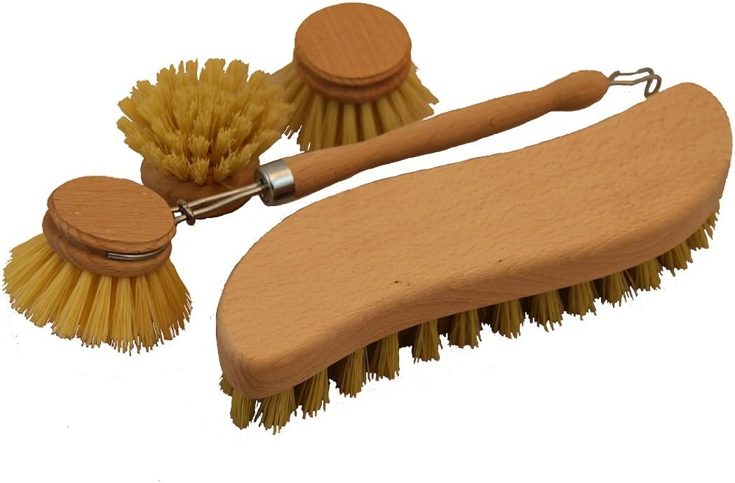 Gluecksshop washing-up wooden brush set, dishwasher brush with 2 replacement heads and scrubbing brush, S-shape, fibre replacement