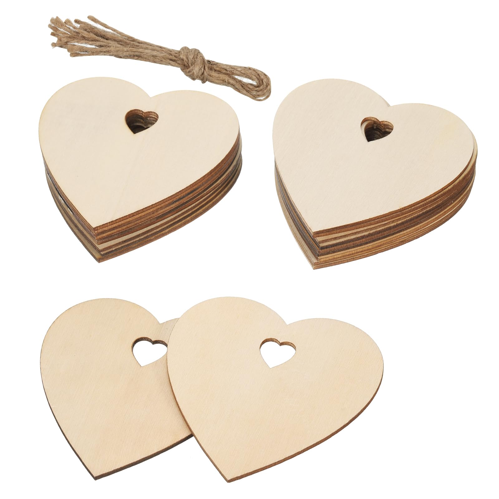 PATIKIL Wooden Embellishments, 20 Pack Heart Shape Wood Cutout Hanging Ornaments with Twine for DIY Crafts Decor Party Christmas Decorations
