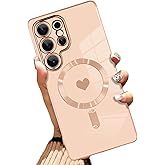 AIGOMARA Magnetic Case Made for Samsung Galaxy S25 Ultra [Wireless Charging Compatible] Heart Design Soft TPU Electroplated Phone Cover Anti-Scratch Shockproof Slim Case for Women - Pink