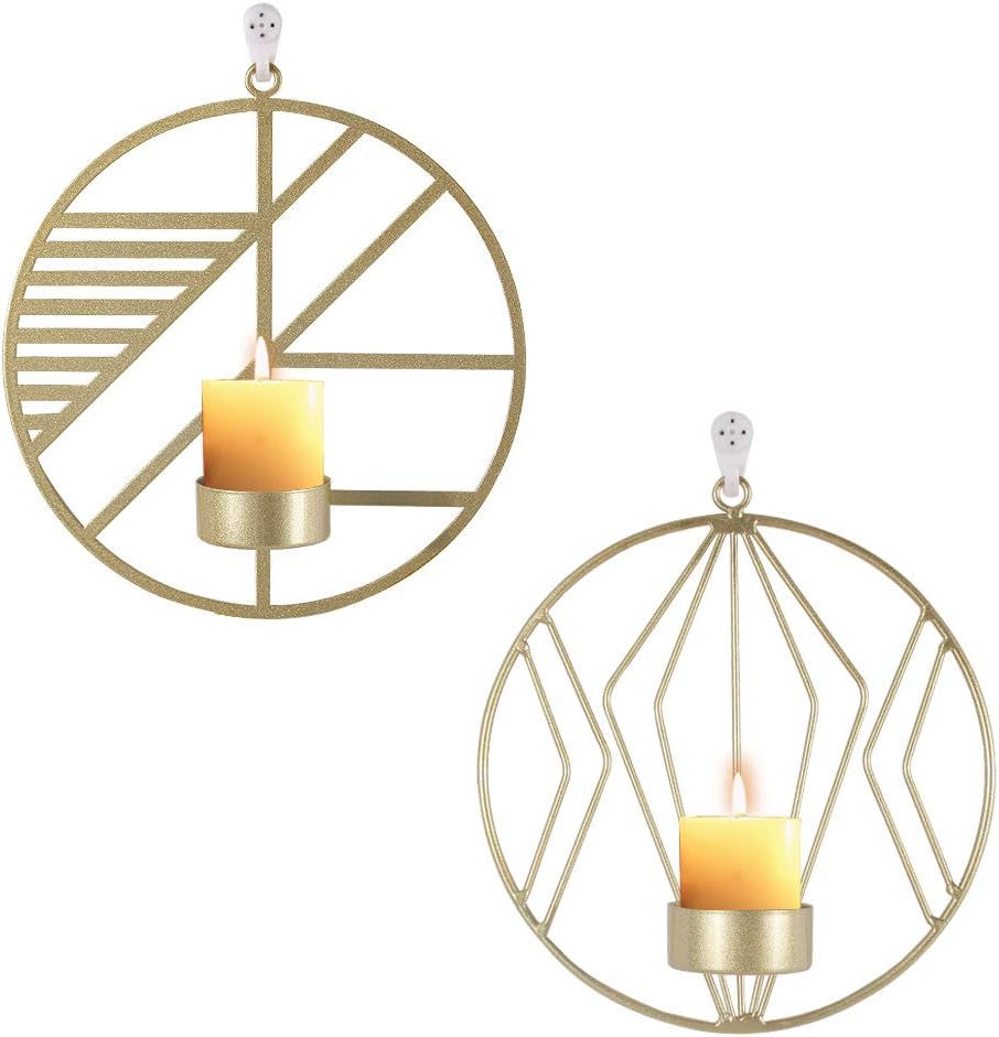GoMaihe Gold Wall Mounted Candle Holders, 20/21.5cm Iron Tealight Candlestick Holders Candelabra, Vintage Home Living Room Bedroom Art Hanging Decorations accessories for Wedding Dinning, Set of 2