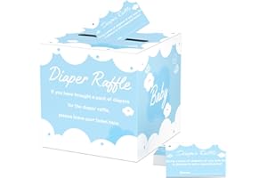 JCTHKUKU Diaper Raffle Tickets with Card Box, 50 Blue Raffle Tickets and Box for Baby Shower Game, Gender Reveal, Oh Baby Theme Party Decorations