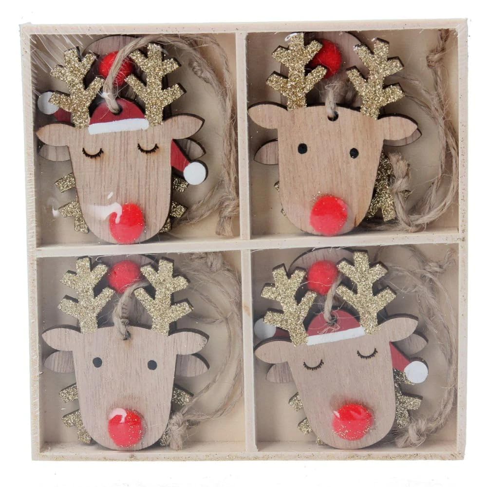 Gisela Graham box of 8 wooden reindeer head with red nose hanging christmas decorations