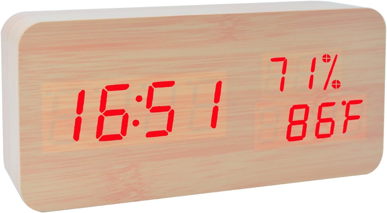 Wooden Alarm Clock LED Digital Temperature and Humidity Electronic Office Desk Home Bedroom Travel Clock with Sound Control Function (Bamboo Red Light)