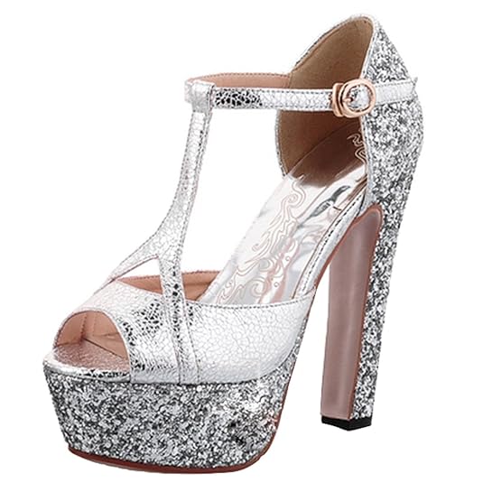 AIYOUMEI Damen Glitzer High Heels Blockabsatz Peeptoe Sandaletten T Spange Sandalen mit Plateau