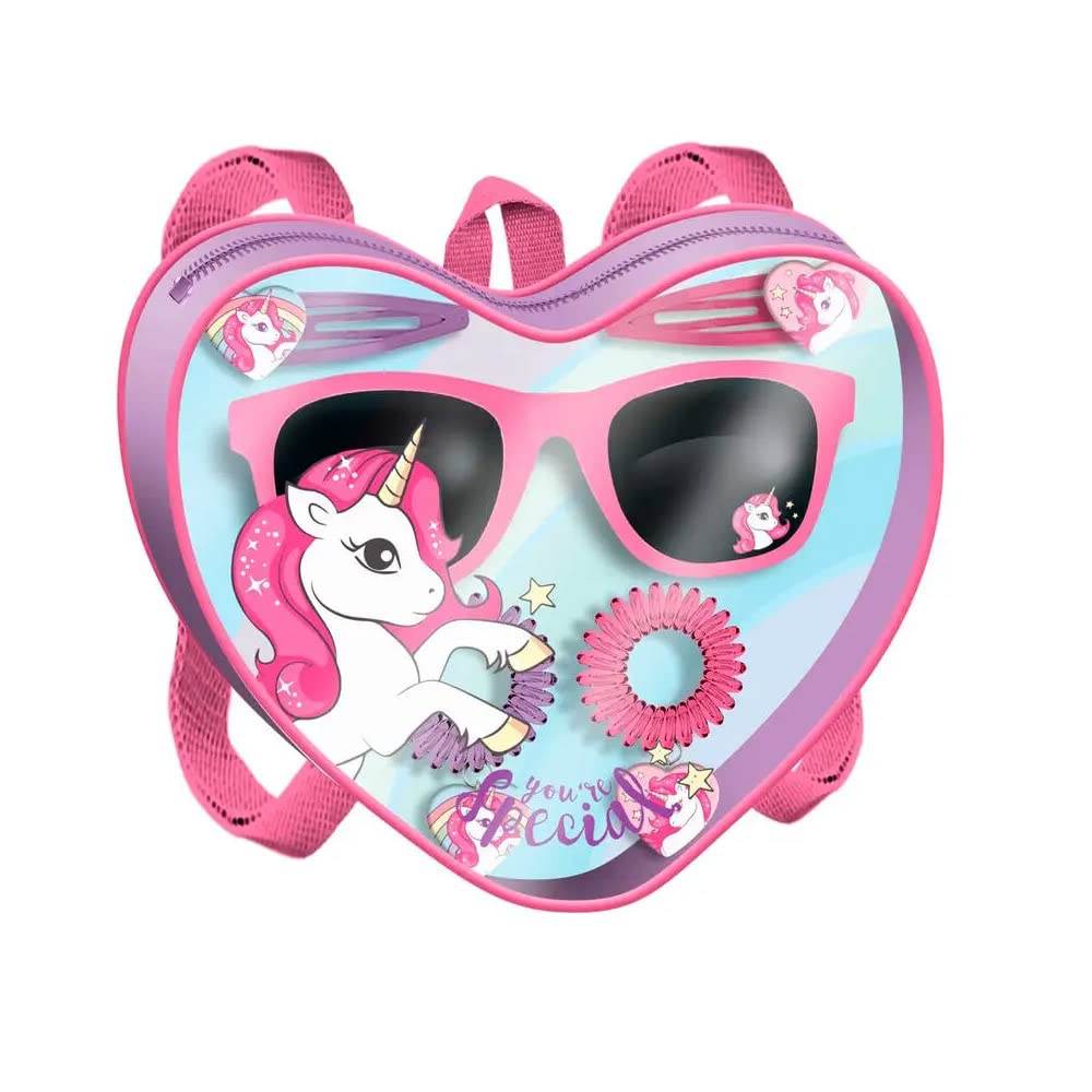 6PCs Unicorn Heart Shaped Bag, UV Protection Sunglasses and Hair Styling Tools, Backpack and Hair Accessories Set for Girls 3+ Years