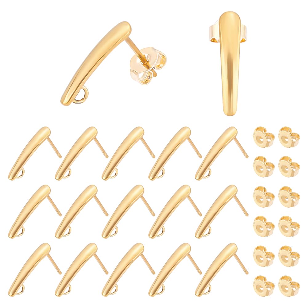 UNICRAFTALE 20 Sets 304 Stainless Steel Earring Finding Golden Stud Earrings Components Earring Post Ear Studs with Back Hole 2mm for Earring Jewelry Making 15x3x1mm