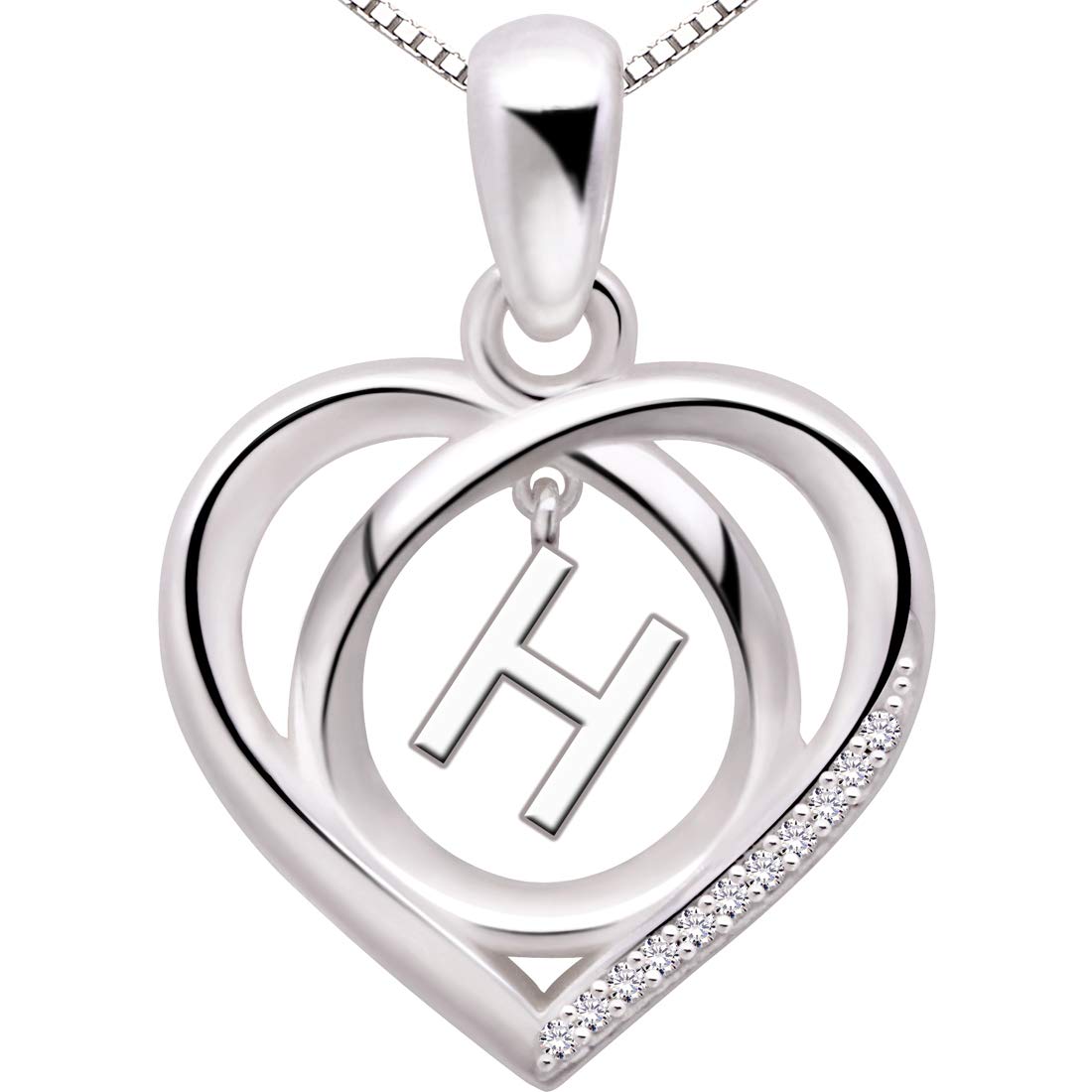 ALOV Jewelry Sterling Silver Initial H Letter Alphabet Love Heart Cubic Zirconia Pendant Necklace