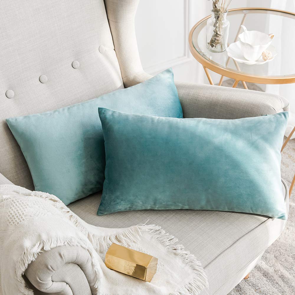MIULEE Velvet Soft Soild Microfiber Decorative Square Pillow Case Throw Cushion Cover for Sofa Bedroom with Invisible Zipper Teal Green 12"x20",2 Pieces — image 1