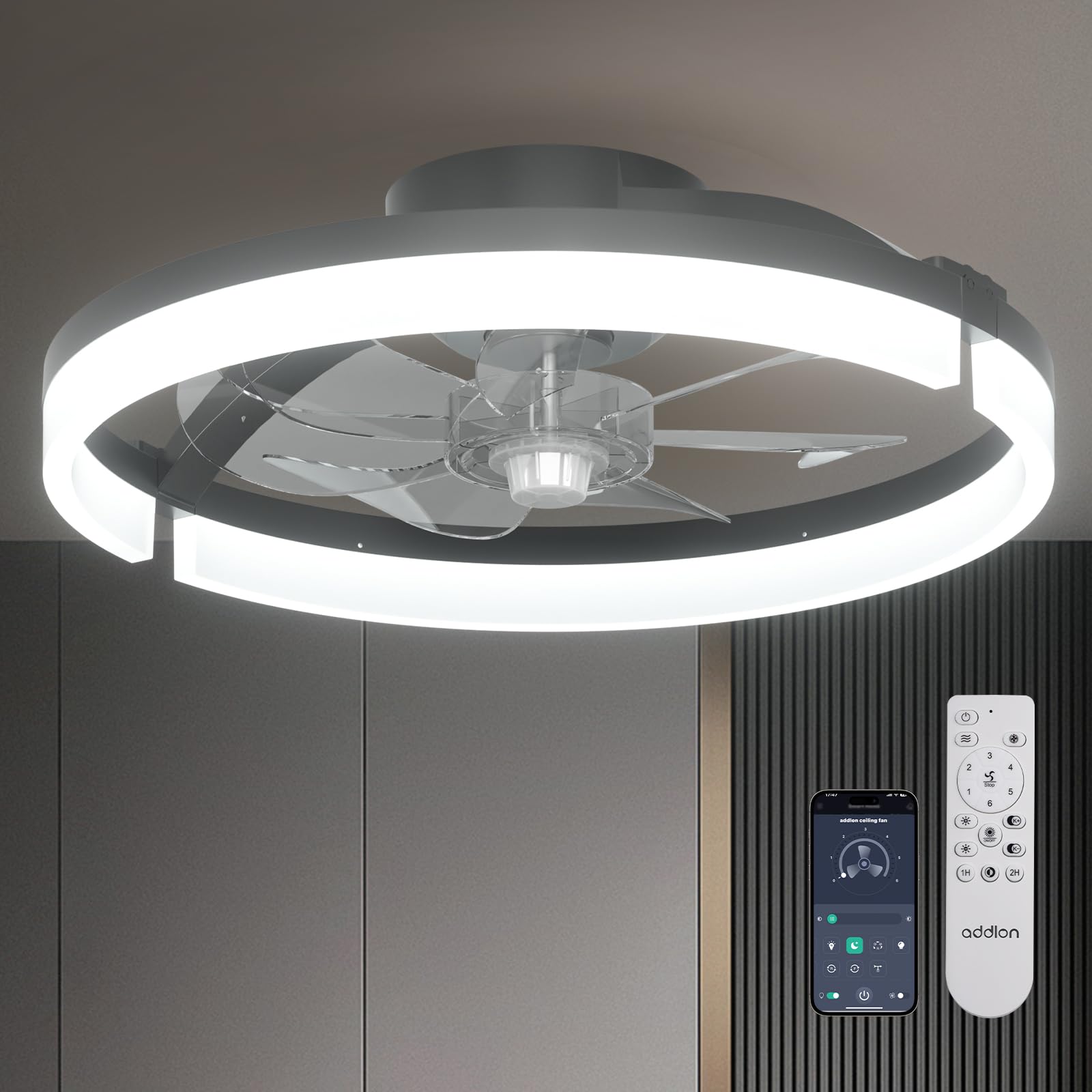 addlon Ceiling Fans with Lights and Remote, 18'' Low Profile Ceiling Fans, 3000-6000K Dimmable Modern Flush Mount LED Fan Light, Fandelier Ceiling Fan for Bedroom, Kitchen, Living Room, Black Image