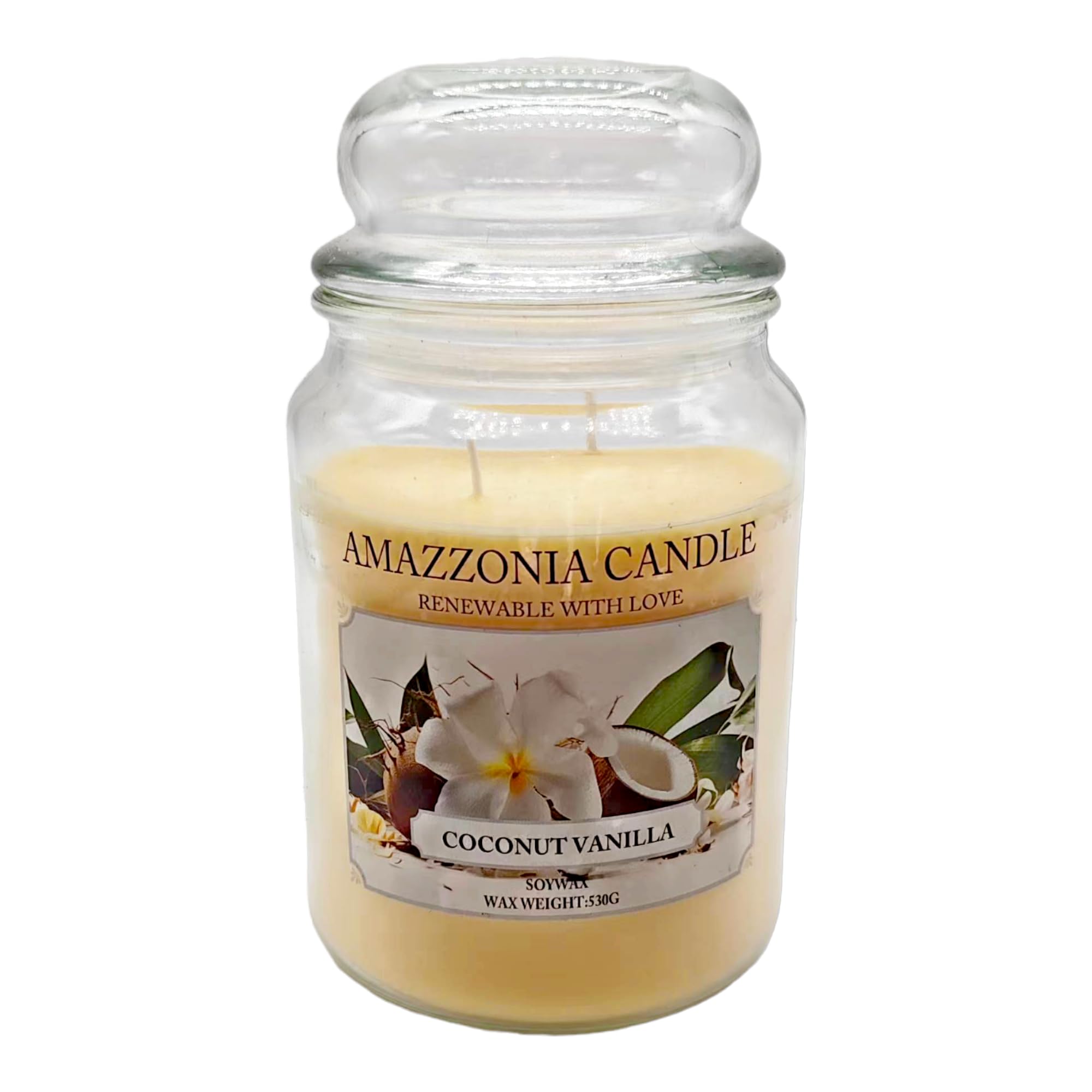Amazzonia Candle Coconut Vanilla 530 Gr, Natural Scented Candle, Soy Wax Candle, Ambient Freshener, Decorative White Candle, Glass Jar