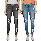 Women's Mid Waisted Jeans Trendy Distressed Stretch Ripped Butt Lift Denim Pants (Pack of 2)