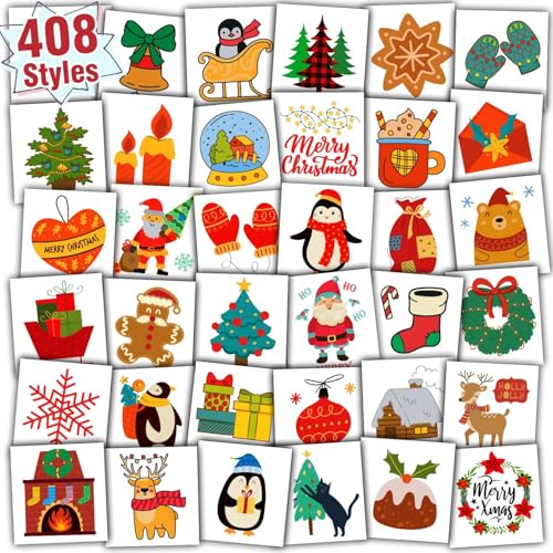 Partywind 408 Styles Christmas Tattoos for Kids Stocking Stuffers, Christmas Holiday Party Supplies Favors, Xmas Presents Goodie Bag Fillers for Boys and Girls (Individually Wrapped Sheets)