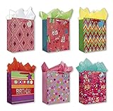Birthday Party Gift Bags Set of 6 Large Birthday Gift Bags W/ Flowers, Elephants, Cup Cakes, Presents, Owls, Tags, and Tissue Paper for Women, Girls, and Baby Girl