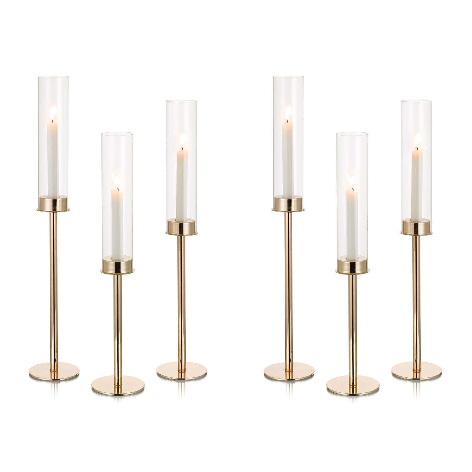Photo 1 of NUPTIO Hurricane Glass Candle Holders: 6 Set of Tall Gold Metal Candlestick Holder with Chimney Tube Brass Tiered Taper Candles Stands for Christmas Holiday Party Decoration 23.6 & 21.7 & 19.7 in