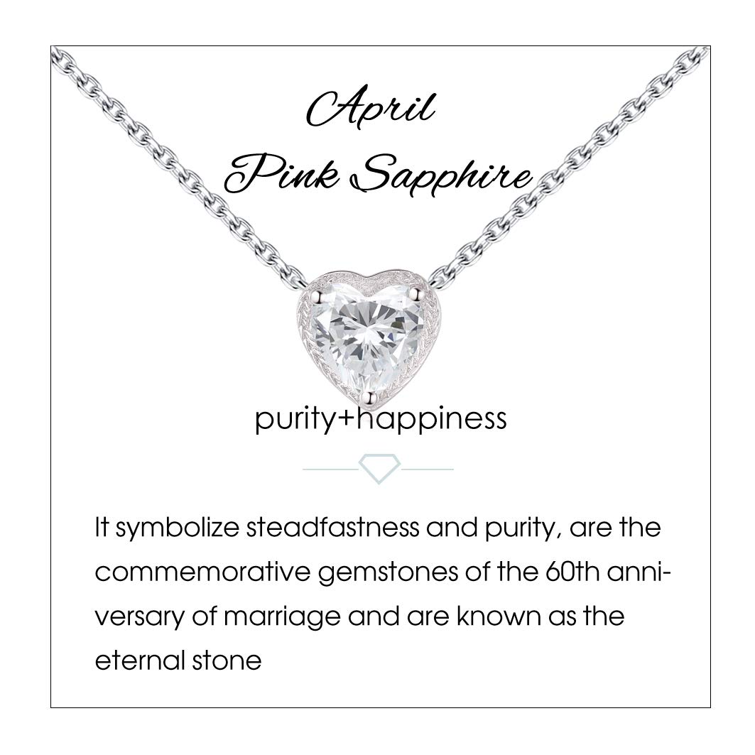 Qings Birthstone Heart Necklaces, 925 Sterling Silver April Birthstone Pendant Necklace, Adjustable Chain Gift Box, 12 Months Jewellery for Women Valentines Gift for Her Wife Girls Birthday Wedding