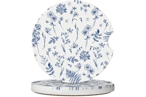 KOU MARTY Vintage Blue Flower Car Coasters for Cup Holder Absorbent Ceramic Cup Coaster 2 Pack Anti Slip Car Interior Accessories with Finger Notch Cork Base for Women Men 2.56"