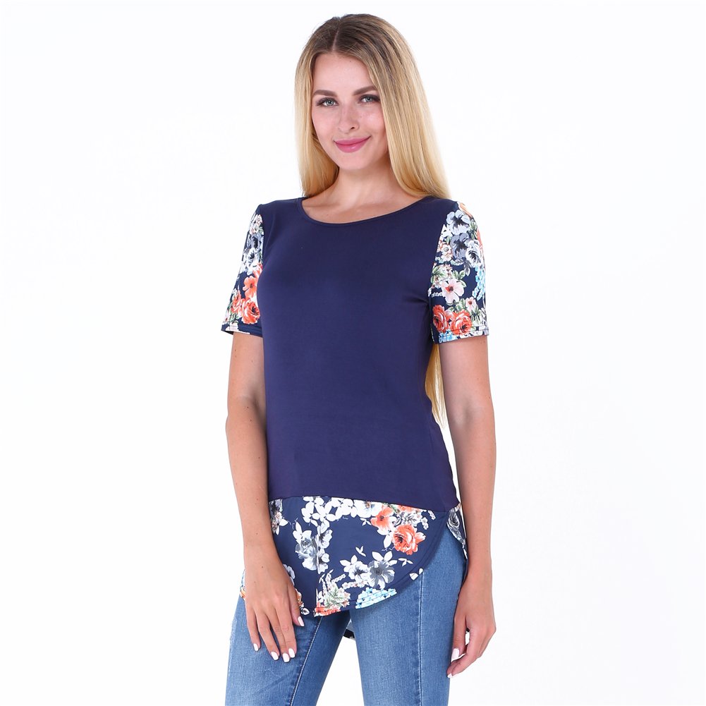 Pullover Casual Tees T-Shirt Floral Printed Tunic Tank Tops for Women Navy Blue Plus Size