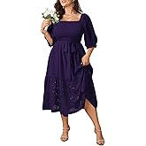 SHESTARR Women's Plus Size Wedding Guest Dress 3/4 Sleeve Square Neck Smocked Empire Waist Tie Boho Eyelet Maxi Long Dresses