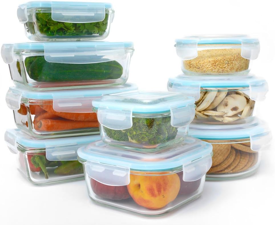 Glass Food Storage Container Set - 18 Piece Set (9 containers, 9 lids) with Easy Snap Lids by Western Ridge Products