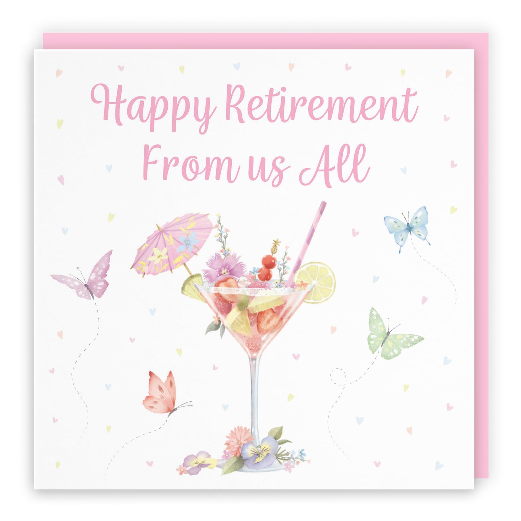 Hunts England - Pink Cocktail And Butterflies Elegant Retirement Card From Us All - Milo's Gallery - Female - For Her - Retiring Card For Women, Friend, Employee, Colleague, Boss, Manager