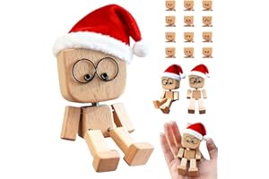 Shaking Wooden Man Figurine with Santa Hat, Handmade Wood Shaking Feet Doll with 12pcs Magnetic Expressions, Funny Car Dashbo