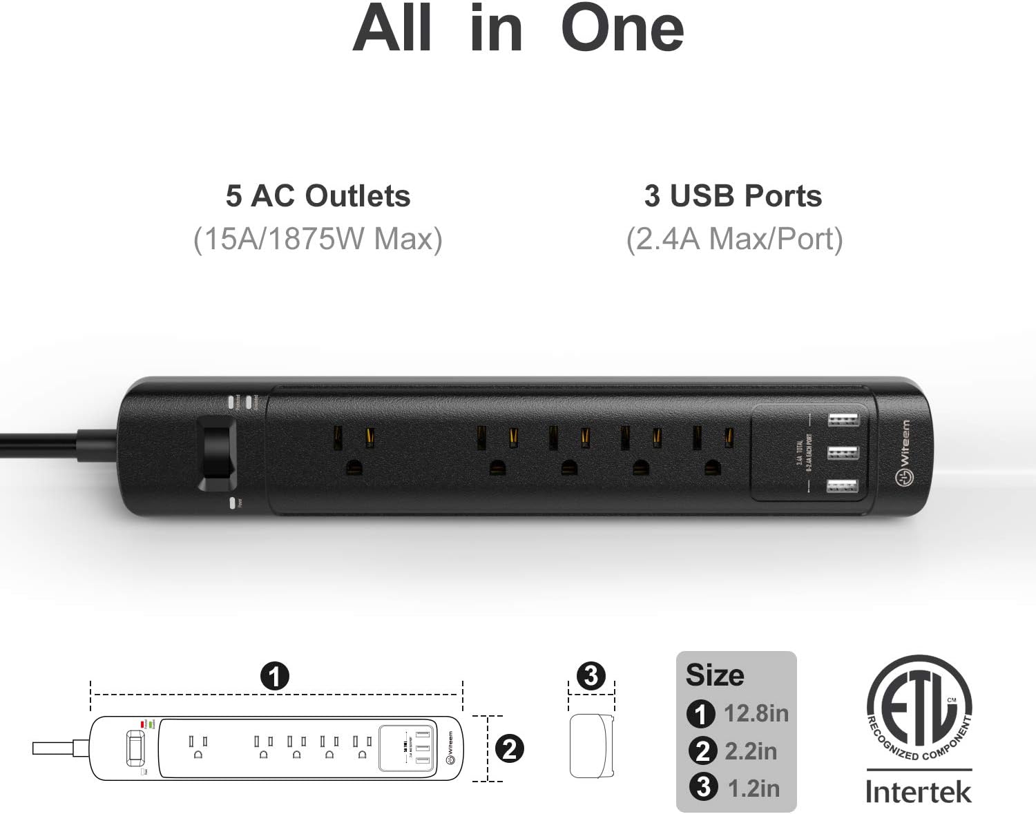 Surge Protector with USB Ports, Witeem Power Strip 5 Outlets and 3 USB Ports, 5V/3.4A Flat Plug, 2100 Joules, 6 Feet Long Extension Cord for iPhone iPad PC Home Office Travel, ETL Listed, Black: Home Audio & Theater