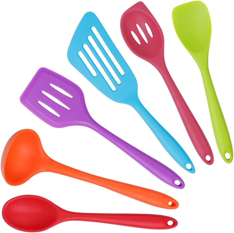 Casa Bonita Multicolour Silicone Cooking Set 6 Pieces-2 Spoons, 2 Turners/ Flippers, 1 Spoonula / Spatula & 1 Ladle - Heat Resistant Kitchen Utensils Lifetime Guarantee , Awesome Colorful Addition to Your Cooking Tools and Kitchen Gadgets Collection 6 Different Color