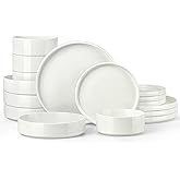 Stoneware Dinnerware Sets for 4 with Pasta Bowl, Onader 16 Piece Plates and Bowls Dish Set, Speckled Kitchen Dishware Dining Ware, Microwave & Dishwasher Safe - Cloud White