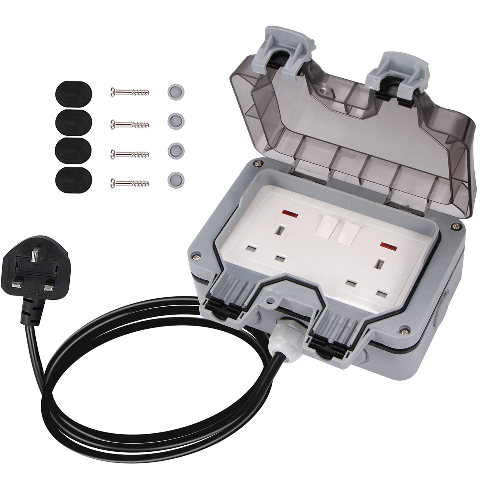 YUNYODA Outdoor Plug Extension Double Socket, IP66 Waterproof Outdoor Socket with 3m Extension Cable, 10~16Amp Weatherproof 2 Gang Power Socket, Electric Box Double Plug Sockets with Cover