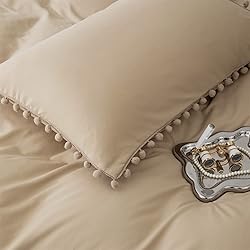 Luxlovery Beige Pom Pom Comforter Set King Ball Pom