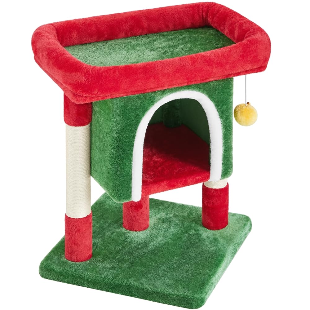 Yaheetech Christmas Themed Cat Tree 23.5in, Cat Tower with Wide Perch, Spacious Condo, Scratching Posts for Large Kitty, Indoor Activity Center Pet Furniture Decoration, Red/Green Image