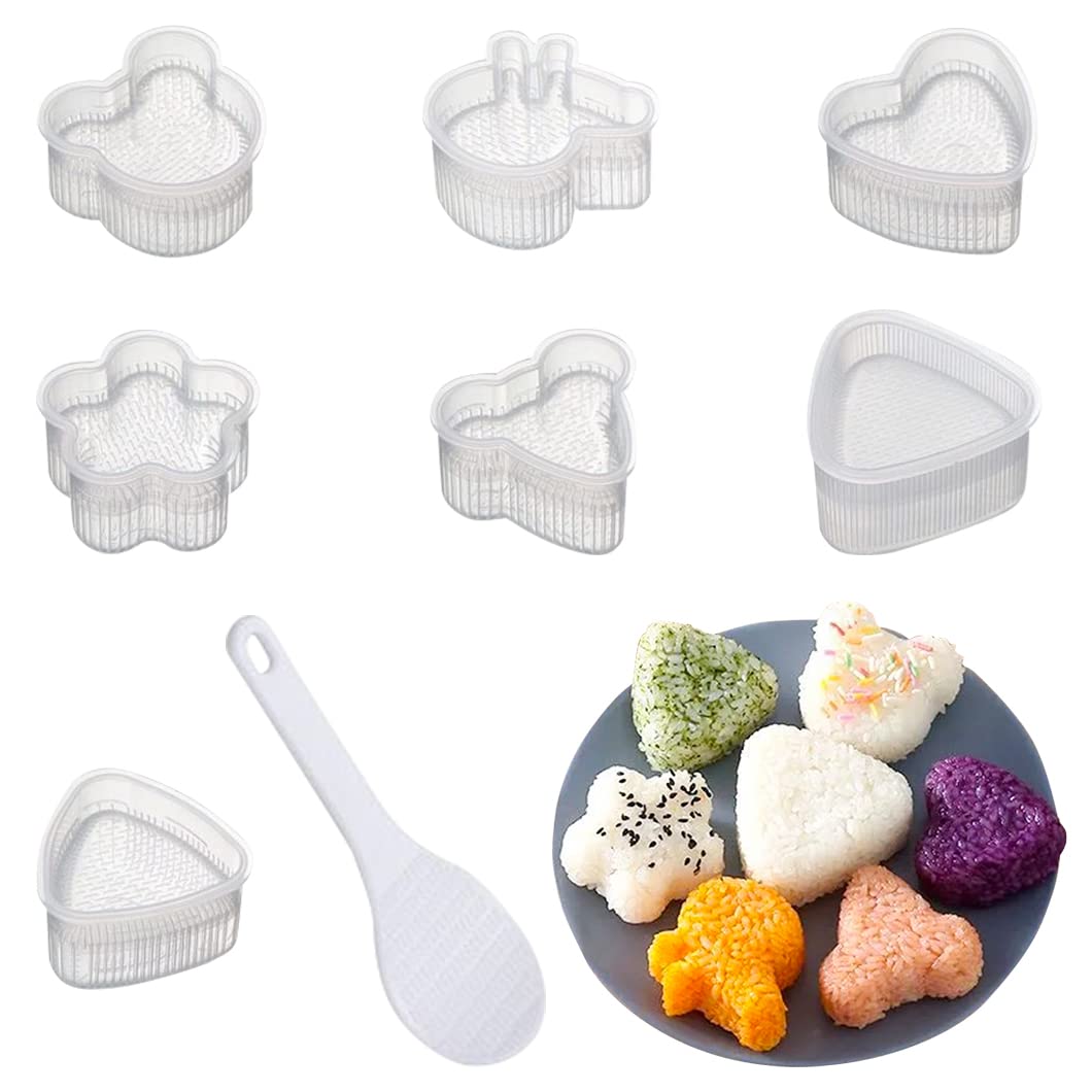 Rolin Roly 8Pcs Rice Ball Molds with a Spoon Triangle Onigiri Mold Animal Rice Decorating Mold Musubi Maker Sushi Mold Kit for Lunch Bento Home DIY Tool (White 8pcs)