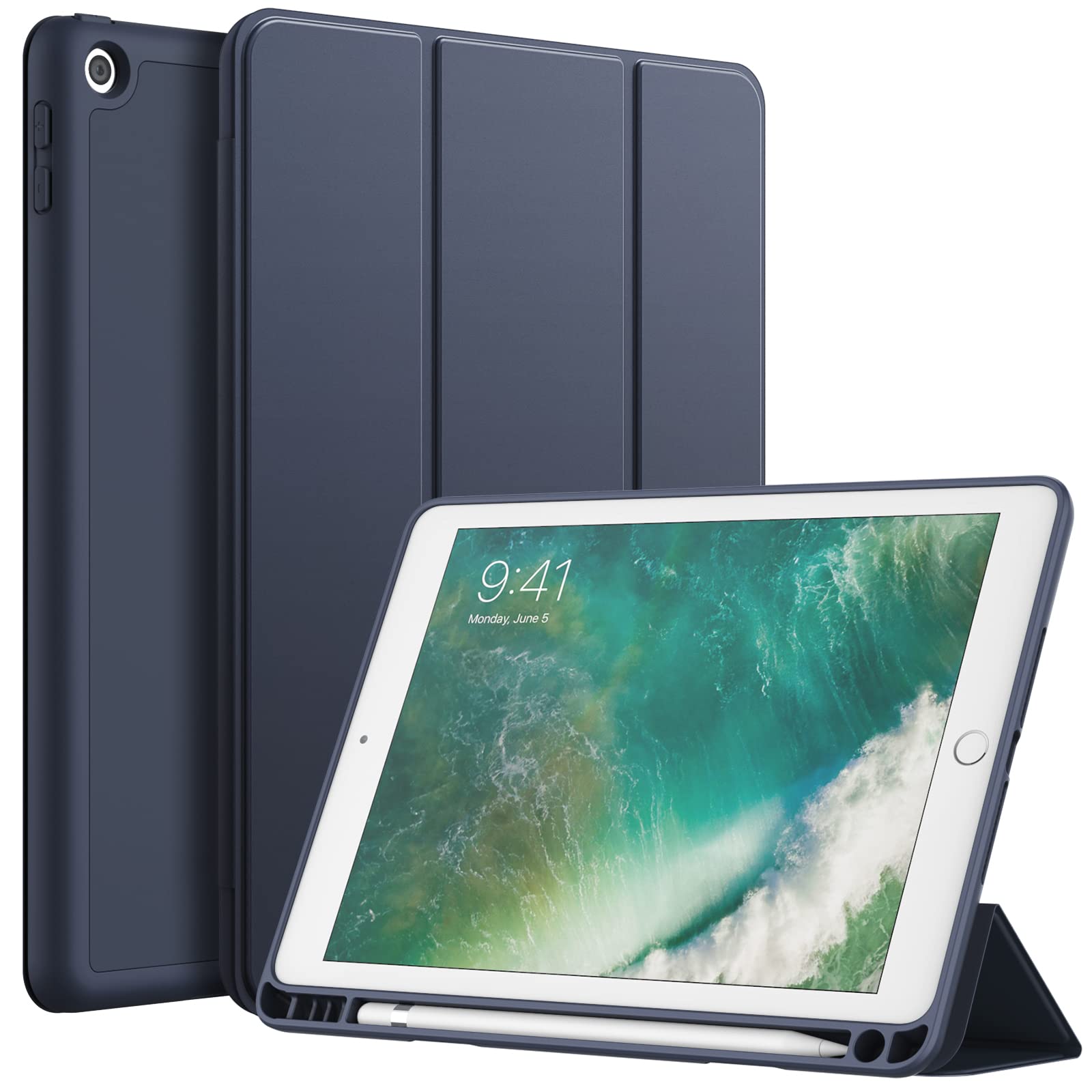 JETech Case for iPad 9.7-Inch (6th/5th Generation, 2018/2017) with Pencil Holder, Slim Tablet Cover with Soft TPU Back, Auto Wake/Sleep (Deep Navy)