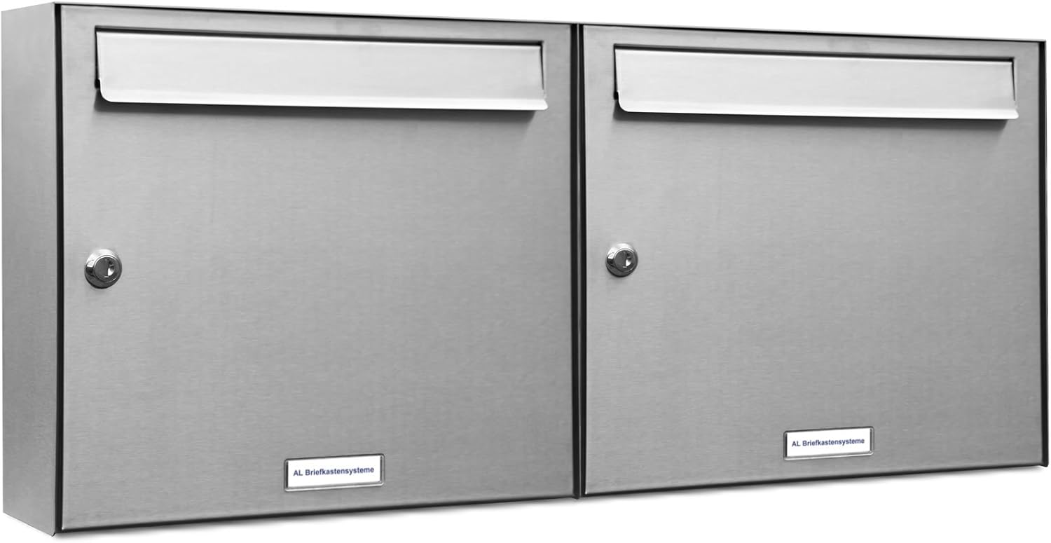 AL Briefkastensysteme 2er Briefkastenanlage Edelstahl, Premium Doppel-Briefkasten DIN A4, 2 Fach Postkasten modern Aufputz