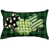 AVOIN colorlife St Patricks Day Clover Grey Buffalo Plaid Green Throw Pillow Cover, 12 x 20 Inch Polka Dot Shamrock Cushion Case Decoration for Sofa Couch