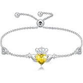 Wildari Claddagh Bracelet 925 Sterling Silver Irish Claddagh Bracelet with 12 Months Heart Birthstone Irish Good Luck Jewelry Gifts for Women