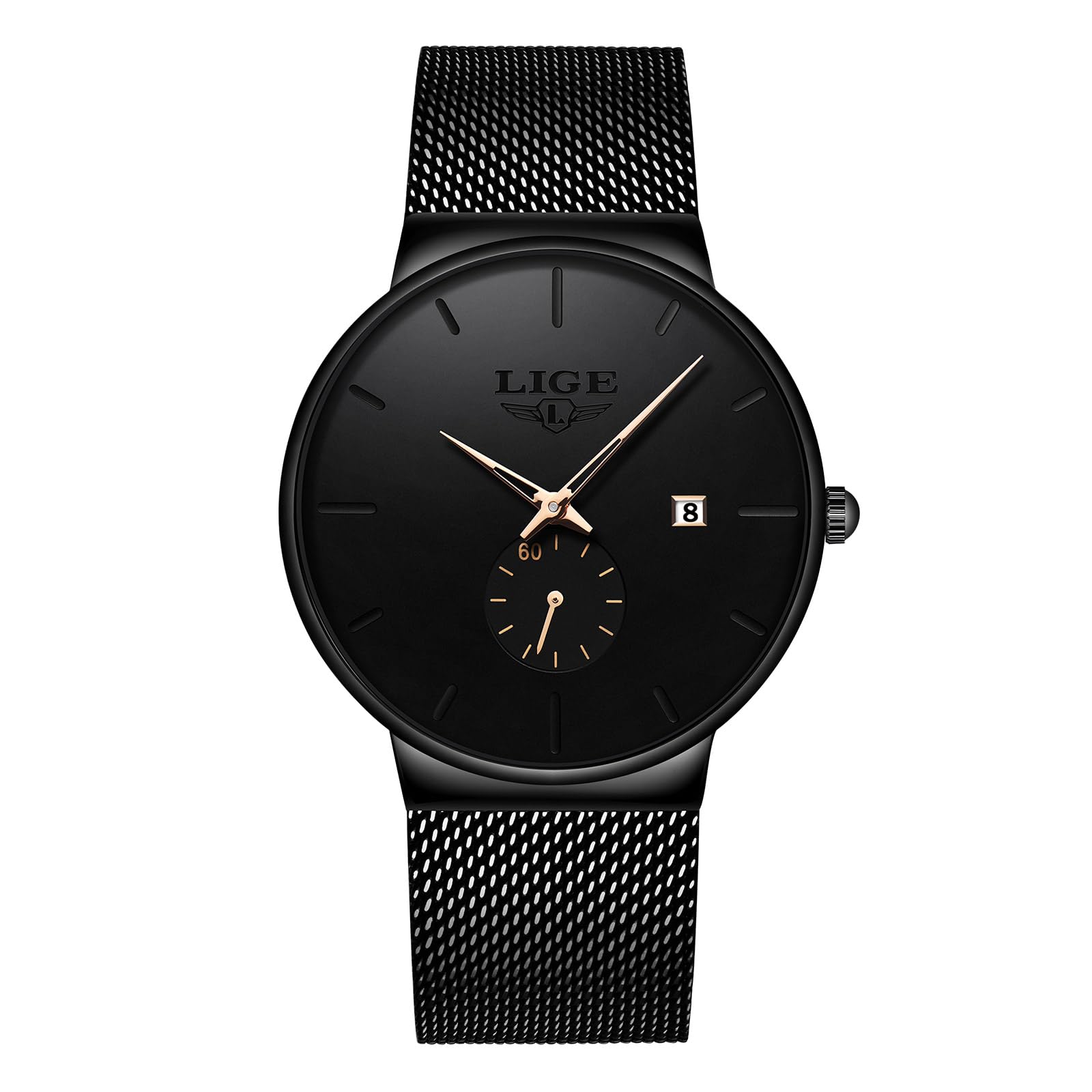 LIGE Mens Watch Waterproof Wrist Gents Black Vintage Watches for Men 3ATM Water-Resistant Quartz with Date Stainless Steel Business Casual Retro Minimalist Analog Thin Wristwatch,Black Gold