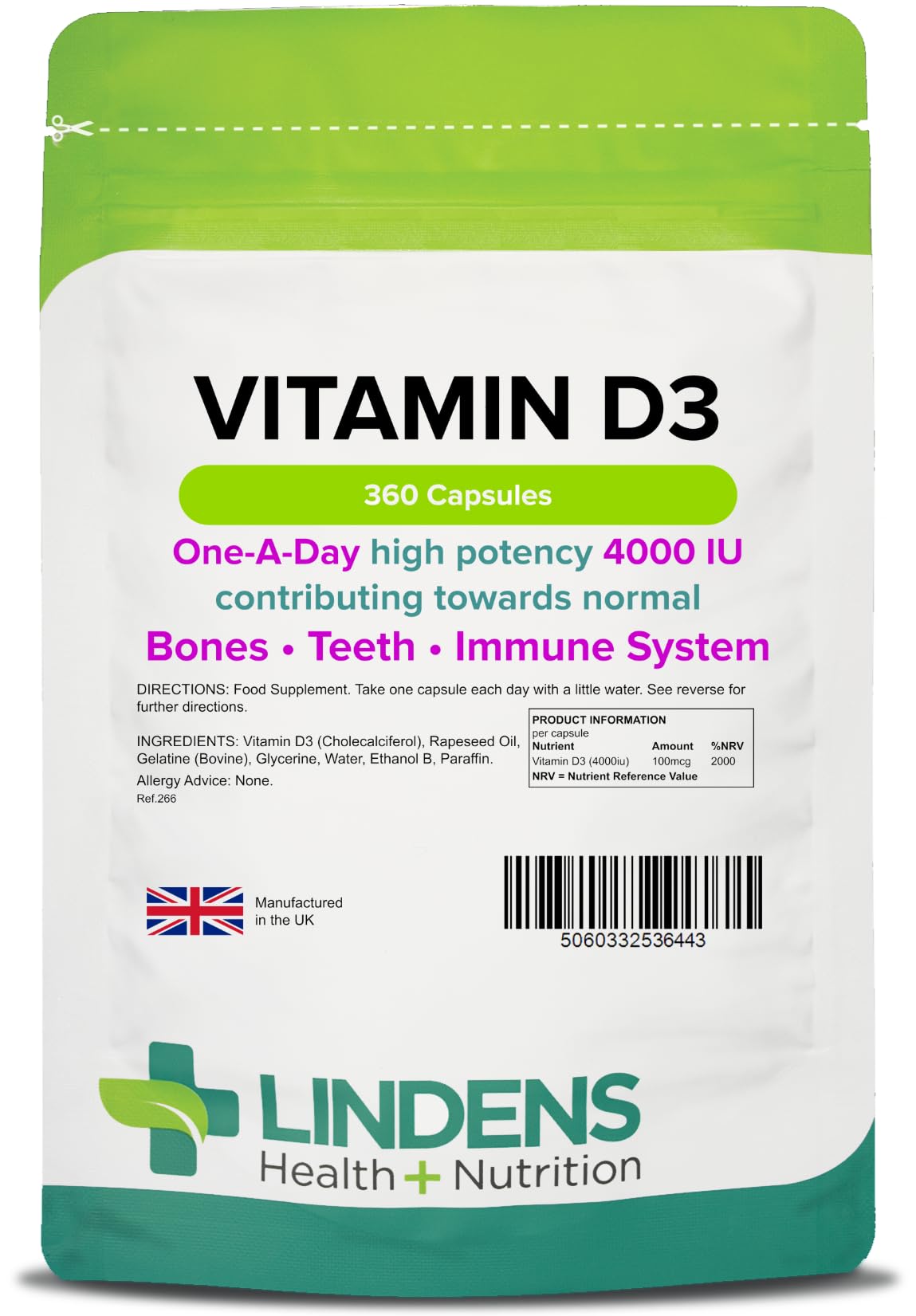 Lindens Vitamin D3 4000IU - 360 High Strength Capsules - Supports Healthy Immune System & Calcium Absorption - One-A-Day Capsule - 12 Month Supply - UK Manufacturer & Letterbox Friendly