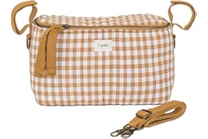 3 Sprouts Universal Quilted Stroller Organizer with Cup Holder and Zip Top - Durable Stroller Caddy Accessory with Storage - Shoulder Strap Converts Organizer to Small Diaper Bag - Gingham Mustard