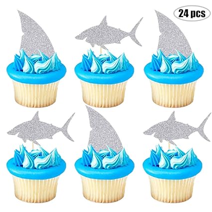Shark Cupcake Toppers Silver Glitter Shark Fin Cake Toppers