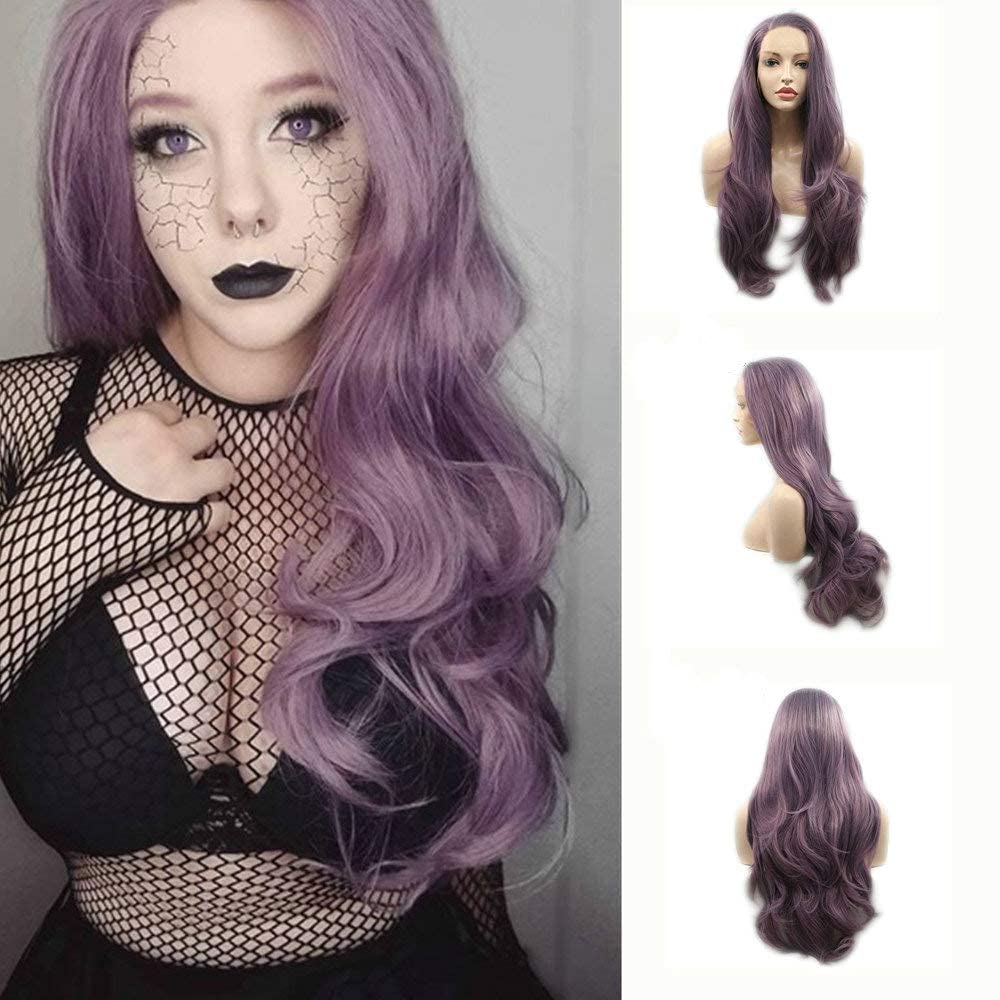 RainaHair 24inch Long Curly Wavy Lavender Purple Wig Glueless Synthetic Wigs for Women Side Part Natural Look Christmas Party Cosplay Wig Half Hand Made