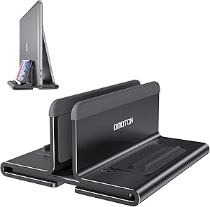 Upgraded Laptop Vertical Stand, OMOTON 3-in-1 MacBook Laptop Holder Dock with Sturdy Silicone Pads for Ultra Protection, Suitable for iPhone/iPad/MackBook Pro/Surface/Samsung/Android Tablets, Black