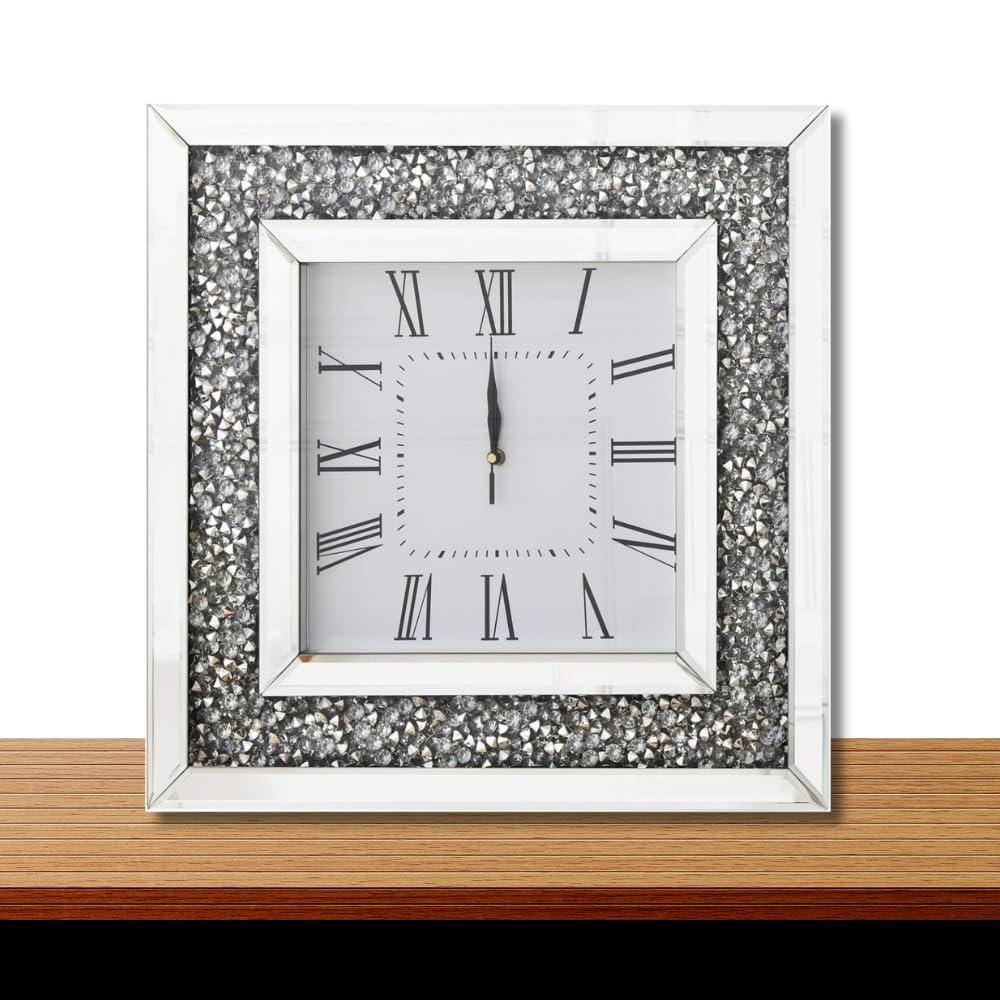 Amazing Gift Diamante Silent Wall Clock, 35 x 35 cm, Elegant Luxury Diamond Crystal Mirror, Silver Roman Numeral, For Home, Office, Living Room, Bedroom Decor