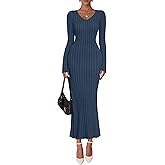 ZESICA Women's 2026 Spring Sweater Dress Long Sleeve V Neck Ribbed Knit Party Cocktail Bodycon Maxi Dresses