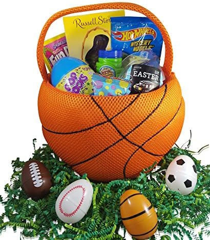 Basketball Easter Basket Bundle of 12 Items - Plush Basket, Crinkle Grass, Sports Eggs, Brick Car, Hot Wheels Car, Bubbles, Chocolate Bunny, Pop Rocks, Brachs Jelly Beans, Fun Dip and Rice Krispies