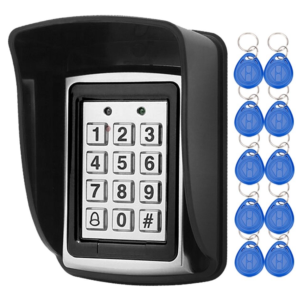 LIBO Waterproof Access Control Keypad Proximity RFID Controller, Suitable for Single Door Entry System, Support 1000 Users, Including 10pcs 125KHz RFID Keyfobs with Rainproof Cover