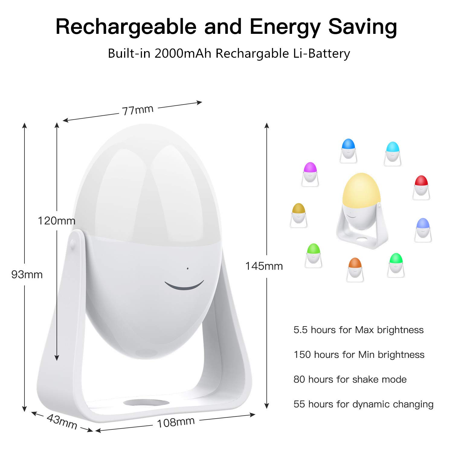 Ranipobo Baby Night Light with Shake Changing Color Mode, LED Nursery Bedside Lamp with Touch Control Dimming Function Rechargeable Baby Night Light for Breastfeeding, 4 Lighting Modes