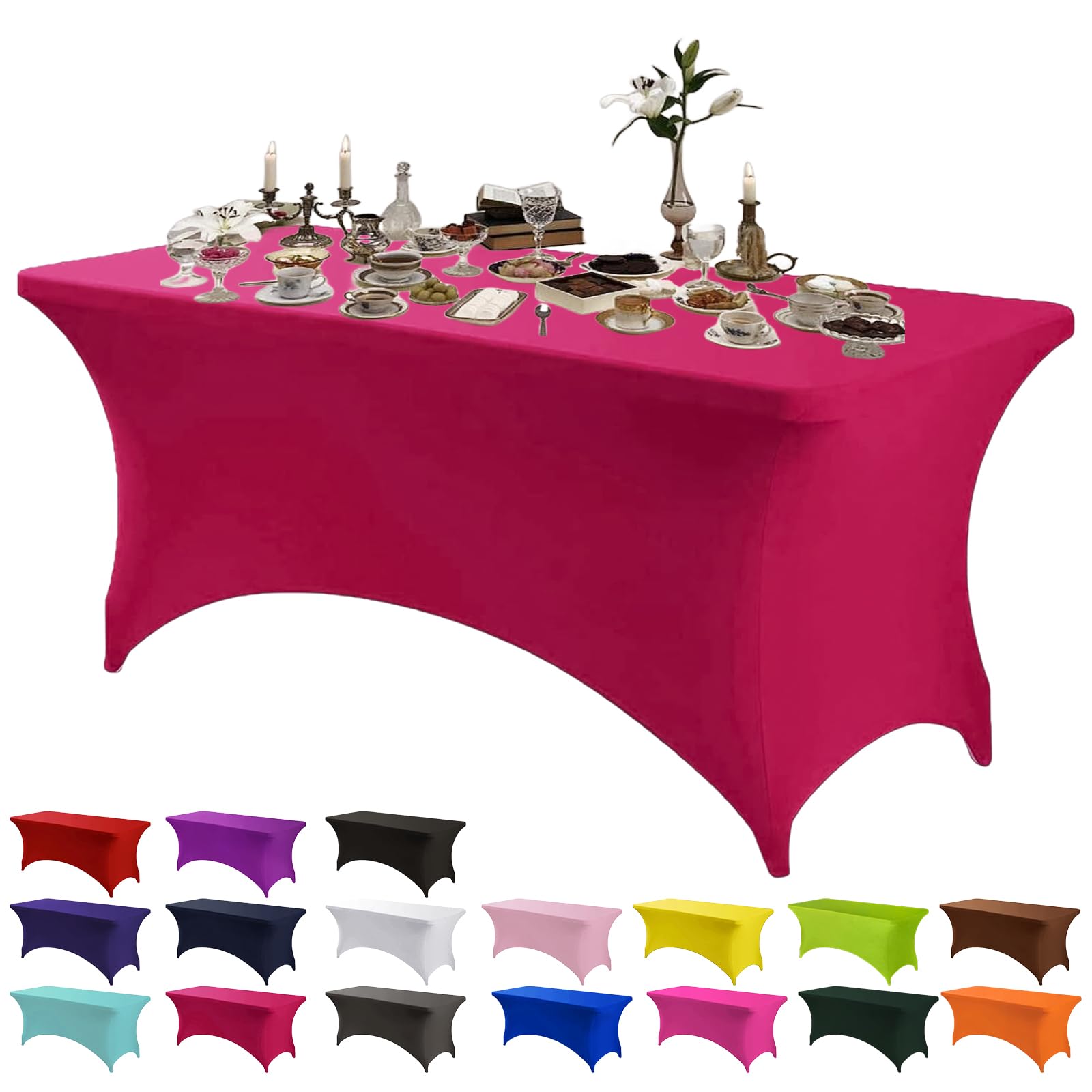 Stretchable Tablecloths,Hot Pink Spandex Fitted Tablecover 6ft Washable Stretch Spandex Table Cover Fitted for Rectangle Tables,Universal Elastic Spandex TableCover for Wedding Banquet Holiday Party
